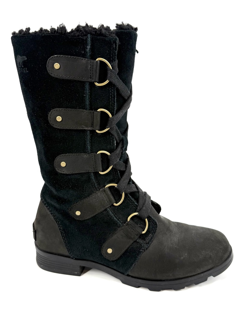 Sorel Emelie Boots Womens Size 7 Black Leather Fleece Lined Tall Lace Up